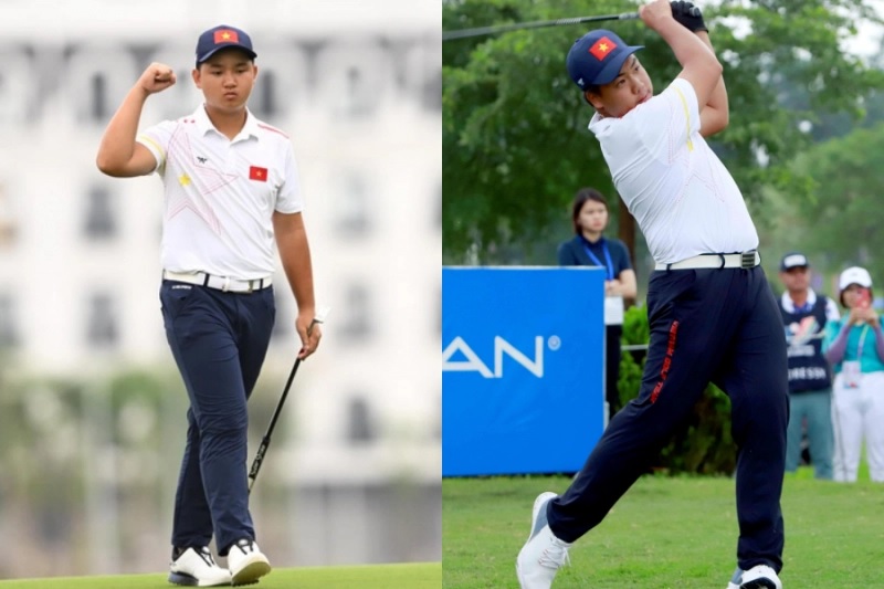 Anh Minh (trái) và Đặng Minh trong tuyển golf Việt Nam dự SEA Games 31 tại sân Heron Lake, Vĩnh Phúc